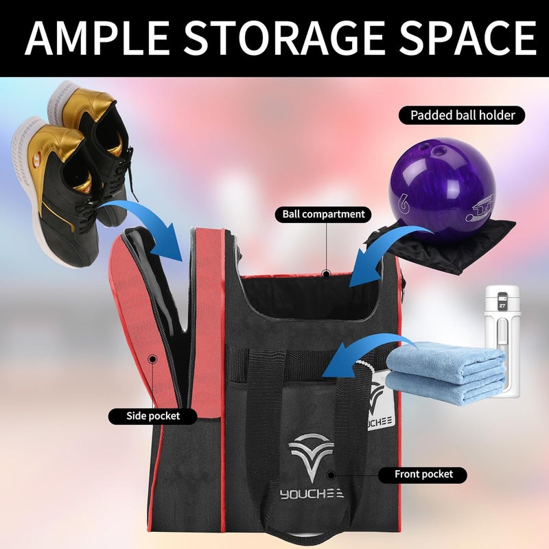 Yoochee Single Ball Bowling Tote Bag with Padded Ball Holder, Fits Bowling Shoes Up to Men’s Size 14, Durable Full-Size Bowling Bag with Accessory Pockets for Practice & League Play - Image 3